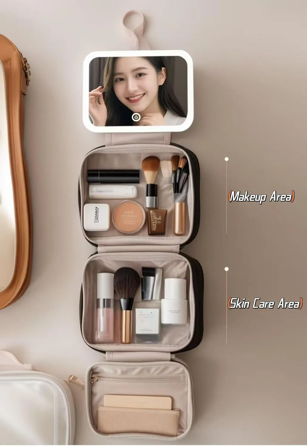 Cosmetic bag Travel cosmetic bag Travel toiletry bag Portable large capacity travel cosmetic bag Cosmetic bag with LED ring light three-speed light source (Peach powder/full screen mirror)