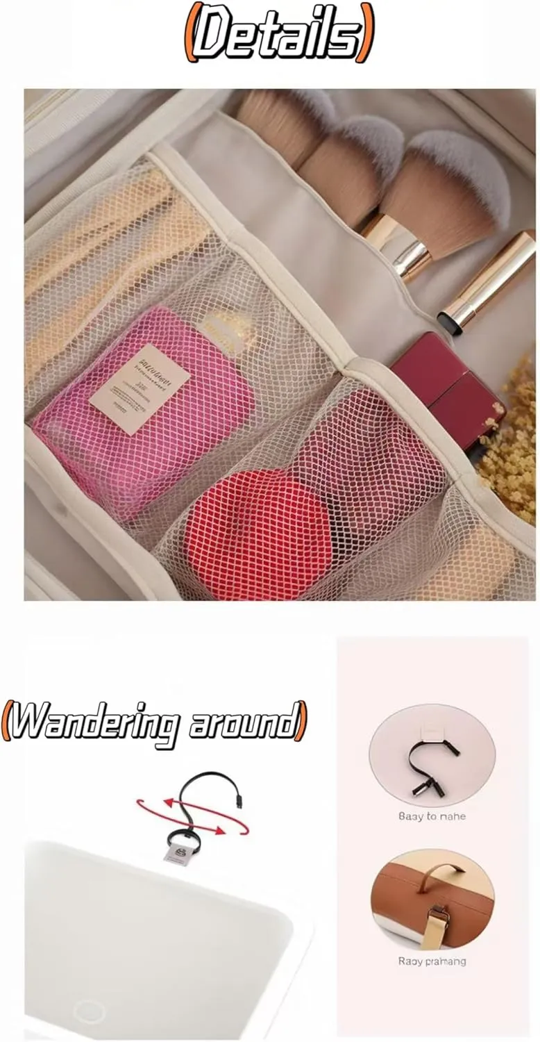 Cosmetic bag Travel cosmetic bag Travel toiletry bag Portable large capacity travel cosmetic bag Cosmetic bag with LED ring light three-speed light source (Peach powder/full screen mirror)