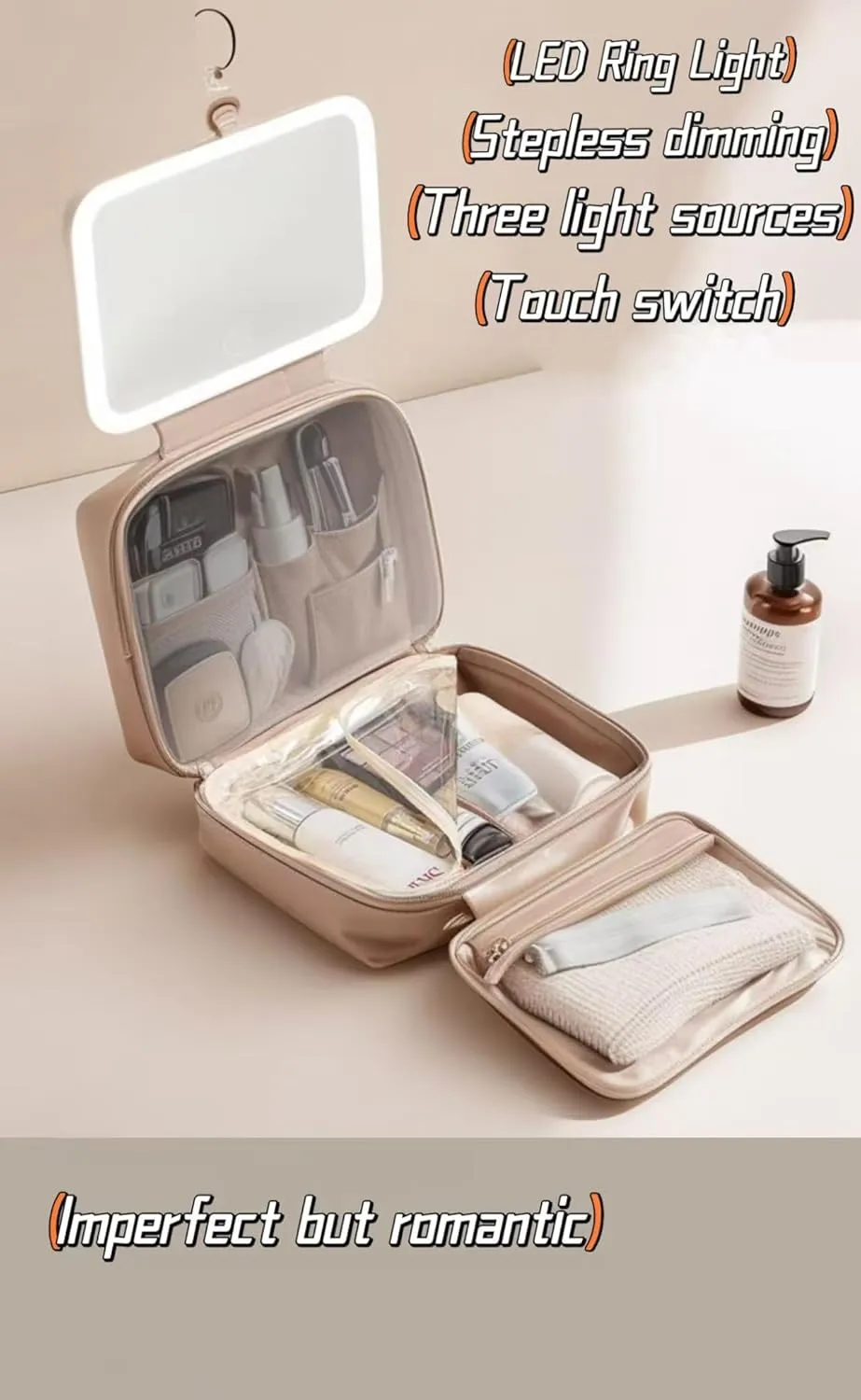 Cosmetic bag Travel cosmetic bag Travel toiletry bag Portable large capacity travel cosmetic bag Cosmetic bag with LED ring light three-speed light source (Peach powder/full screen mirror)