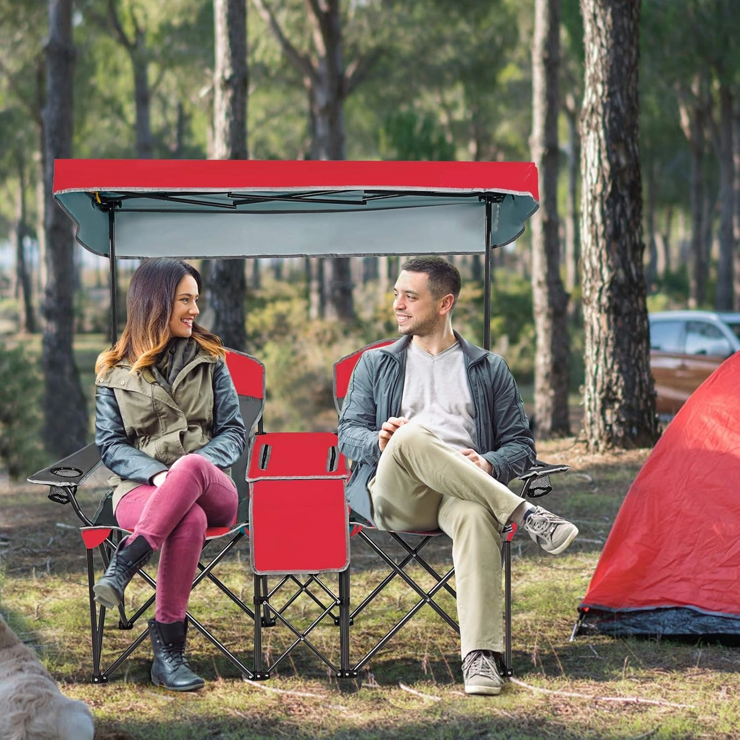 COSTWAY Double Camping Chair, Portable Camping Chair with Canopy, Cup Holder, Iced Bag, Storage Bag, Carrying Bag, Folding Loveseat for Adults, Outdoors Sport, Red