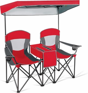 COSTWAY Double Camping Chair, Portable Camping Chair with Canopy, Cup Holder, Iced Bag, Storage Bag, Carrying Bag, Folding Loveseat for Adults, Outdoors Sport, Red