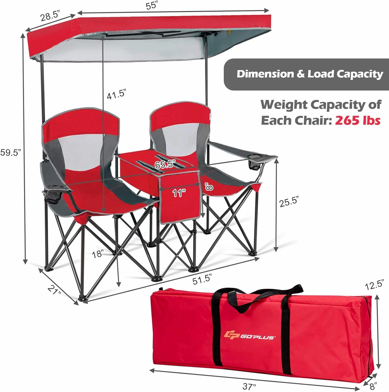 COSTWAY Double Camping Chair, Portable Camping Chair with Canopy, Cup Holder, Iced Bag, Storage Bag, Carrying Bag, Folding Loveseat for Adults, Outdoors Sport, Red