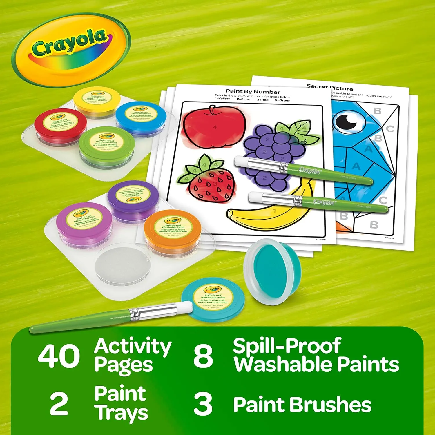 Crayola Spill Proof Paint Set (8ct), Washable Toddler Paint Kit, Includes Brushes, Pots, Activity Pages, Toddler Gift, Ages 3 