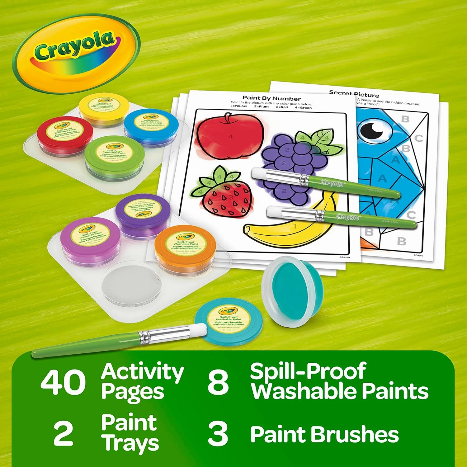 Crayola Spill Proof Paint Set (8ct), Washable Toddler Paint Kit, Includes Brushes, Pots, Activity Pages, Toddler Gift, Ages 3 