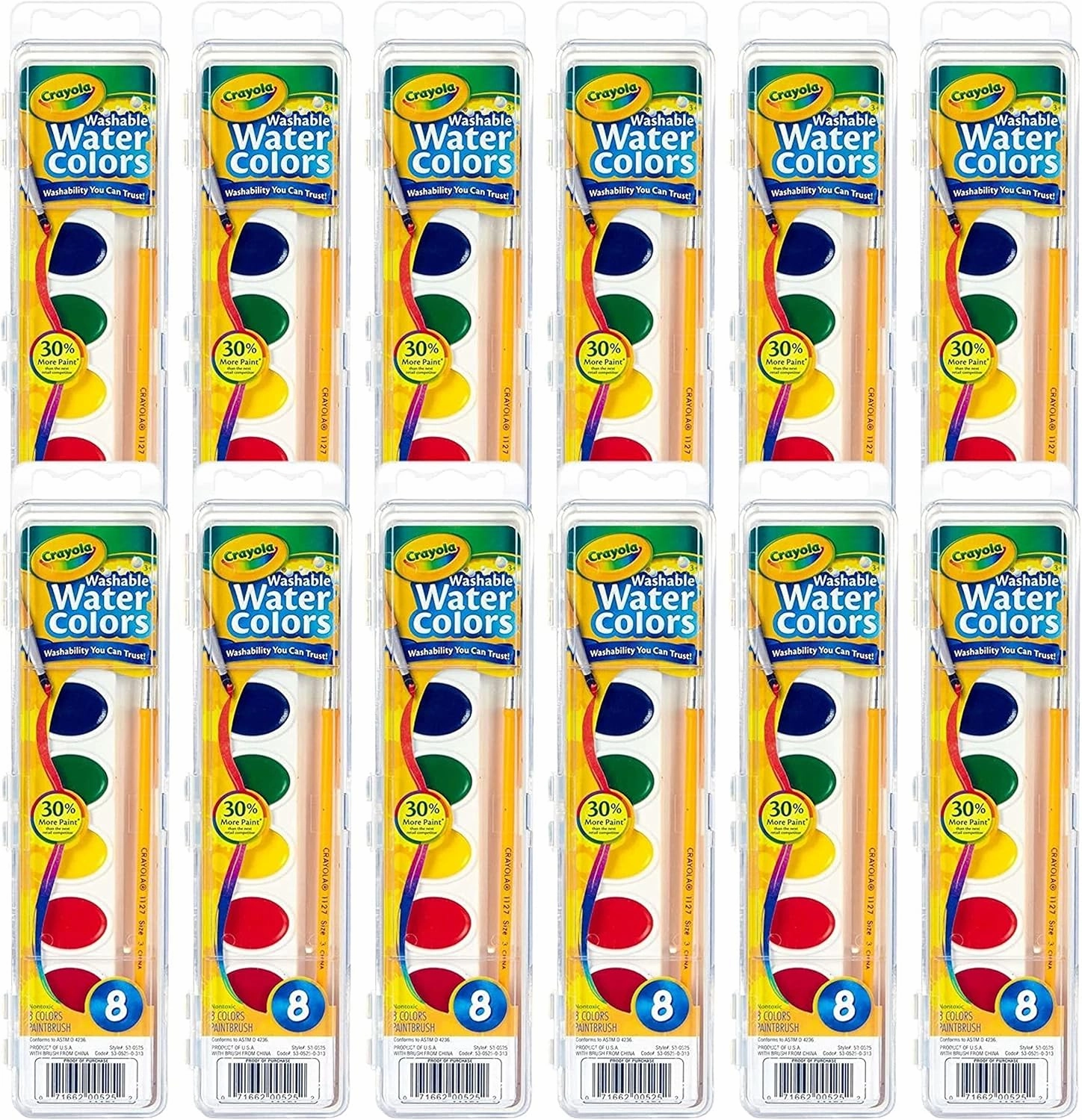 Crayola Washable Watercolor Paint Sets for Kids (12ct), Bulk Arts & Crafts Supplies, 8 Paint Colors, Brush Included, Easter Basket Essentials & Gifts