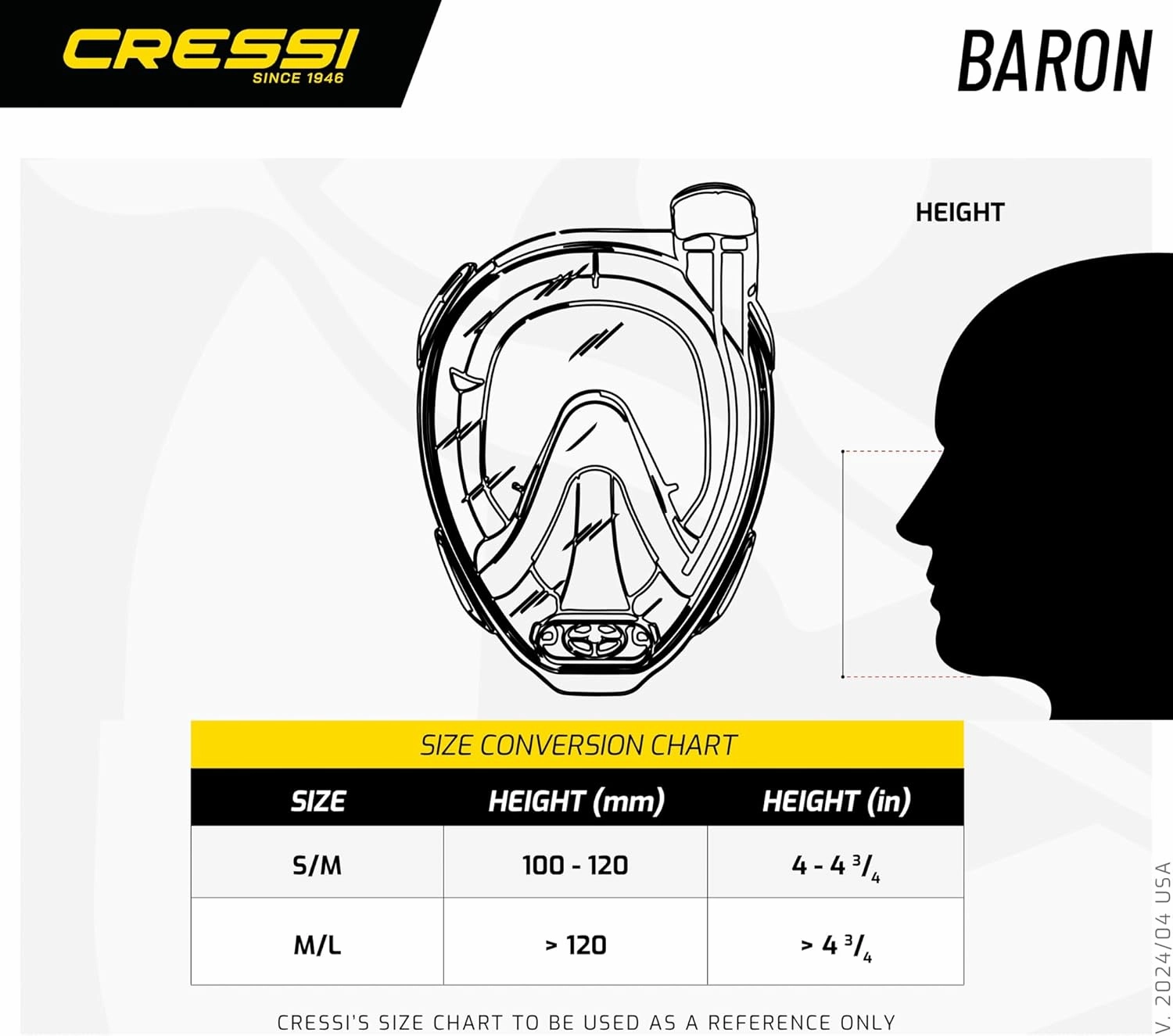 Cressi Adult Snorkeling Full Face Mask - Wide Clear View, Anti-Fog System - Easy Breathing: Safety First - Baron: Designed in Italy