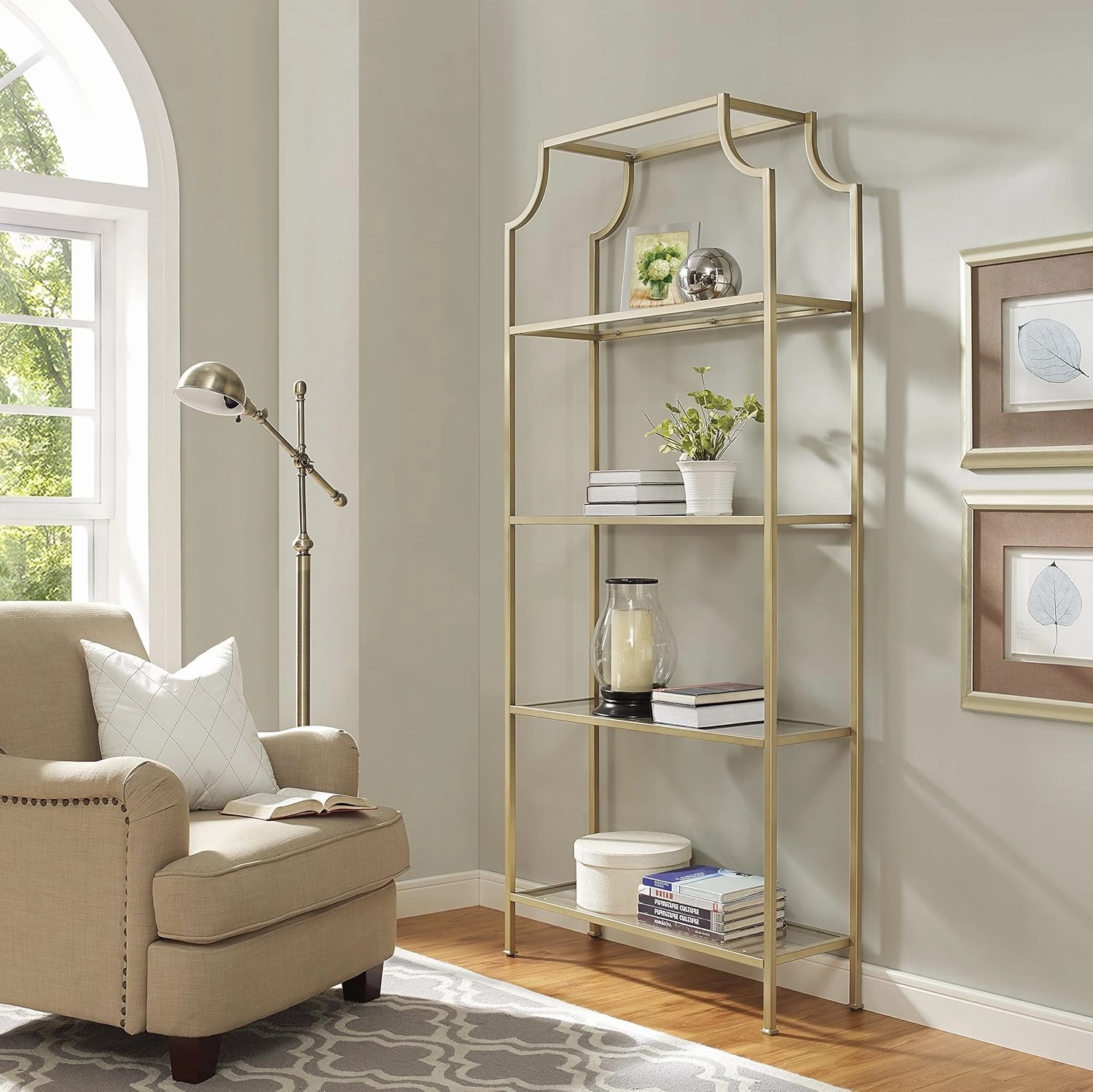 Crosley Furniture Aimee Bookshelf with Glass Shelves, Bookcase Storage, Gold and Glass