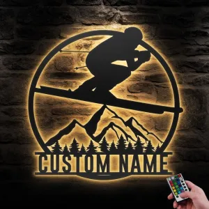 Custom Snow Downhill Skiing Winter Sport Metal Wall Art with LED Light, Personalized Alpine Skiing Name Sign, Home Decor, Skier Man Cave Decoration, Bedroom Living Room Decoration