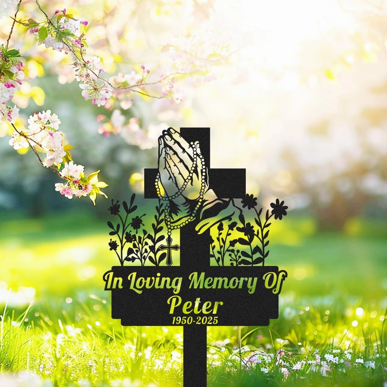 Custom Flowers Praying Hand Memorial Cross Stake for Outdoors Yard Sign Memorial Grave Marker for Dad Mom Loved Ones, Personalized Metal Memorial Plaque Pet Burial Marker Remembrance Stake