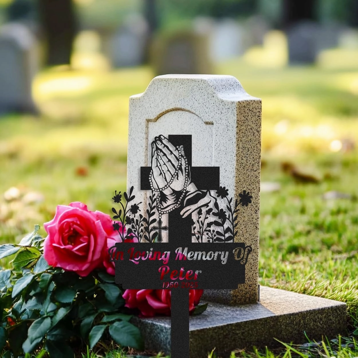Custom Flowers Praying Hand Memorial Cross Stake for Outdoors Yard Sign Memorial Grave Marker for Dad Mom Loved Ones, Personalized Metal Memorial Plaque Pet Burial Marker Remembrance Stake