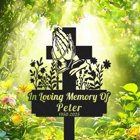 Custom Flowers Praying Hand Memorial Cross Stake for Outdoors Yard Sign Memorial Grave Marker for Dad Mom Loved Ones, Personalized Metal Memorial Plaque Pet Burial Marker Remembrance Stake