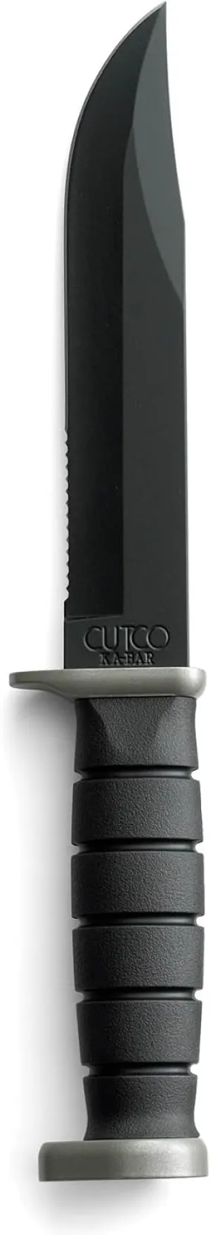 CUTCO Model 5725 KA-BAR Explorer Knife........High Carbon Stainless 7" Blade with Combination straight- and Double-D edge........5" Durable Kraton handle in Black.........Plastic sheath included