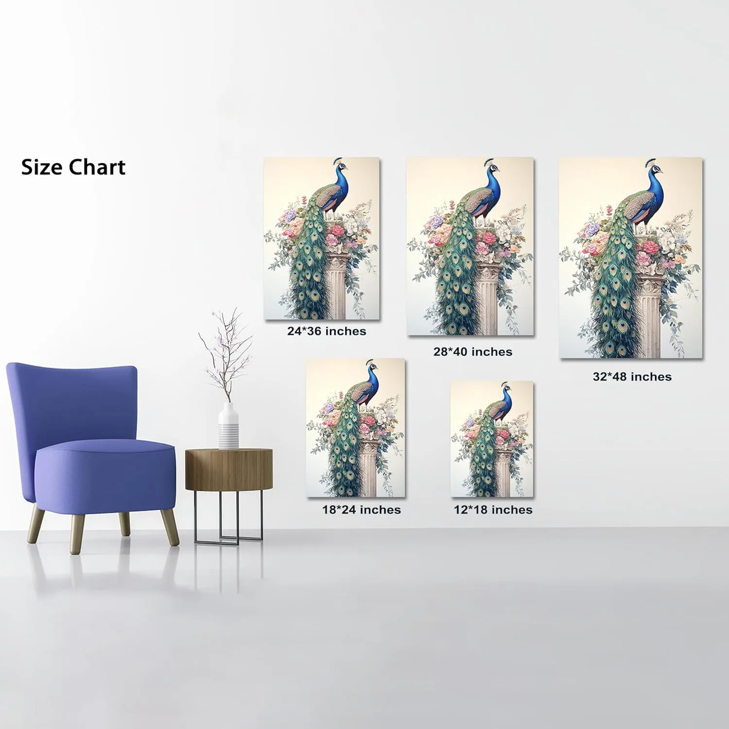 CXVU Peacock Wall Art - Vintage Canvas Paintings for Living Room, Beautiful Framed Pictures Ready to Hang 12''x18''