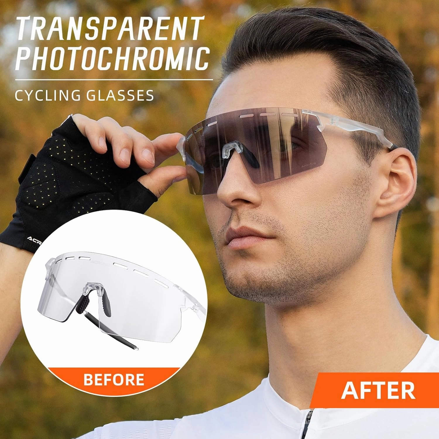 Cycling Glasses with Photochromic Anti-Fog Lens - 6 Vent Holes Insect-Leg Design UV400 Protection Unisex Fit