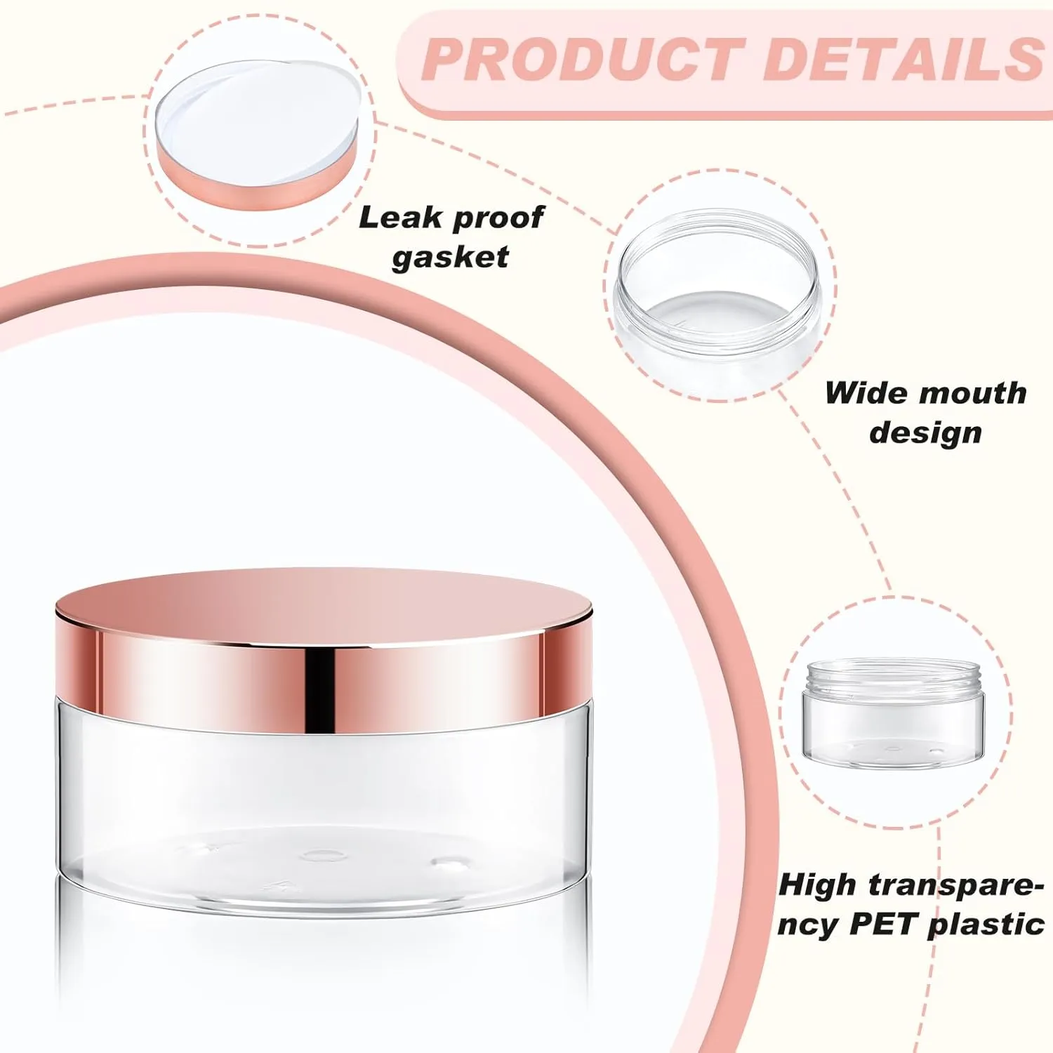 Dandat 24 Pcs 4 oz Plastic Jars with Lid and Label PET Cosmetic Containers Leak Proof Empty Cosmetic Jars Refillable Storage Travel Containers for Lotion Cream Gel Powder(Clear with Rose Gold Lids)
