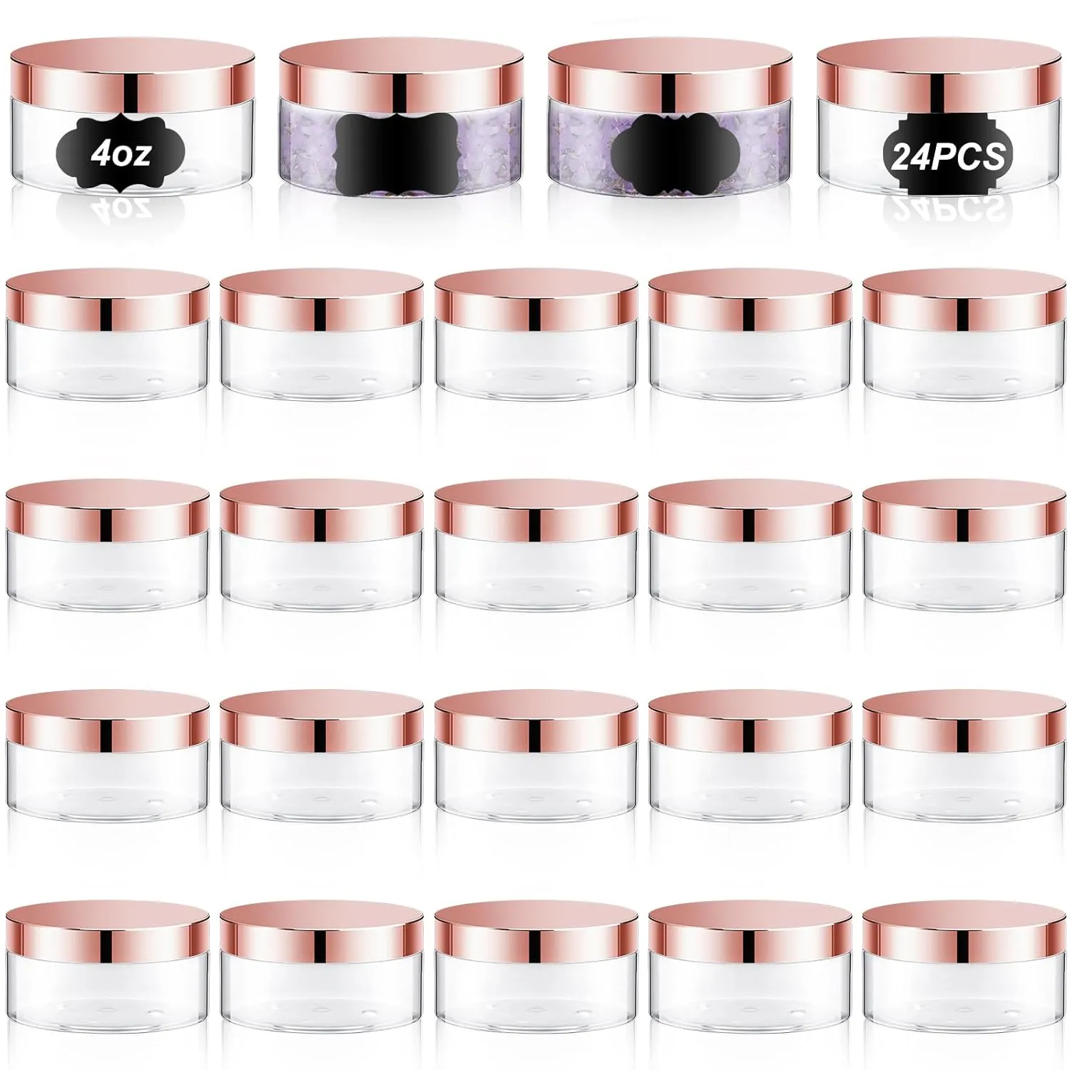 Dandat 24 Pcs 4 oz Plastic Jars with Lid and Label PET Cosmetic Containers Leak Proof Empty Cosmetic Jars Refillable Storage Travel Containers for Lotion Cream Gel Powder(Clear with Rose Gold Lids)