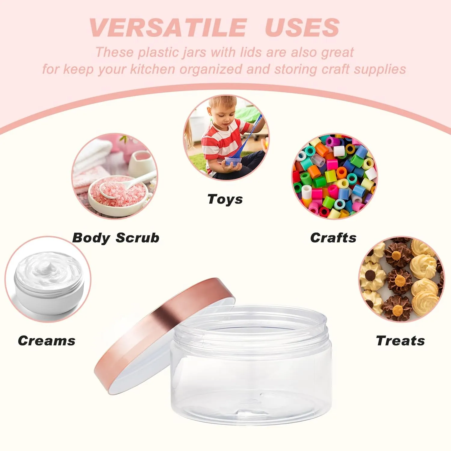 Dandat 24 Pcs 4 oz Plastic Jars with Lid and Label PET Cosmetic Containers Leak Proof Empty Cosmetic Jars Refillable Storage Travel Containers for Lotion Cream Gel Powder(Clear with Rose Gold Lids)