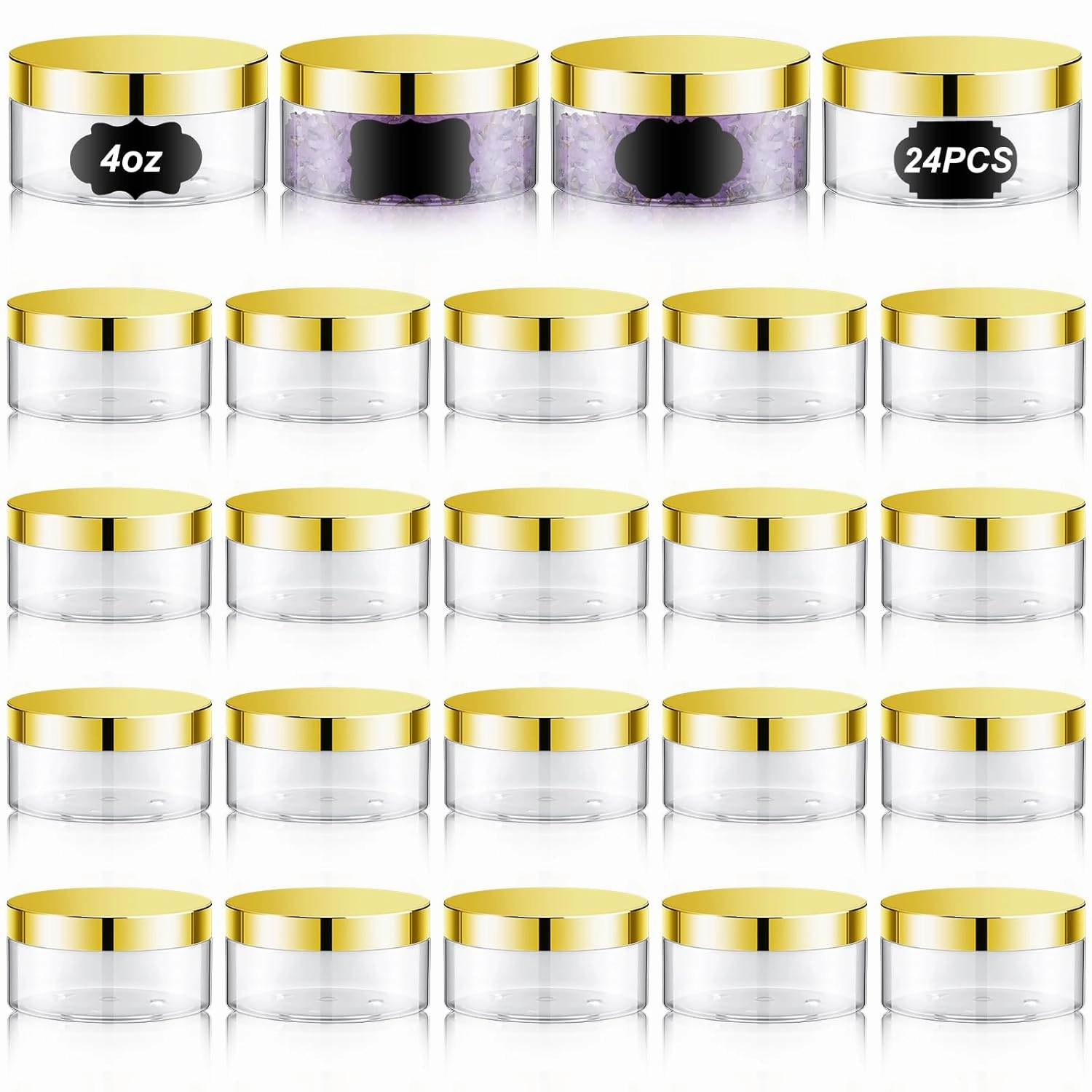 Dandat 24 Pcs 4 oz Plastic Jars with Lid and Label PET Cosmetic Containers Leak Proof Empty Cosmetic Jars Refillable Storage Travel Containers for Lotion Cream Gel Powder(Clear with Gold Lid)