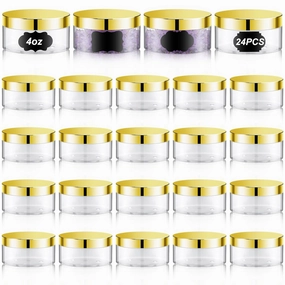 Dandat 24 Pcs 4 oz Plastic Jars with Lid and Label PET Cosmetic Containers Leak Proof Empty Cosmetic Jars Refillable Storage Travel Containers for Lotion Cream Gel Powder(Clear with Gold Lid)