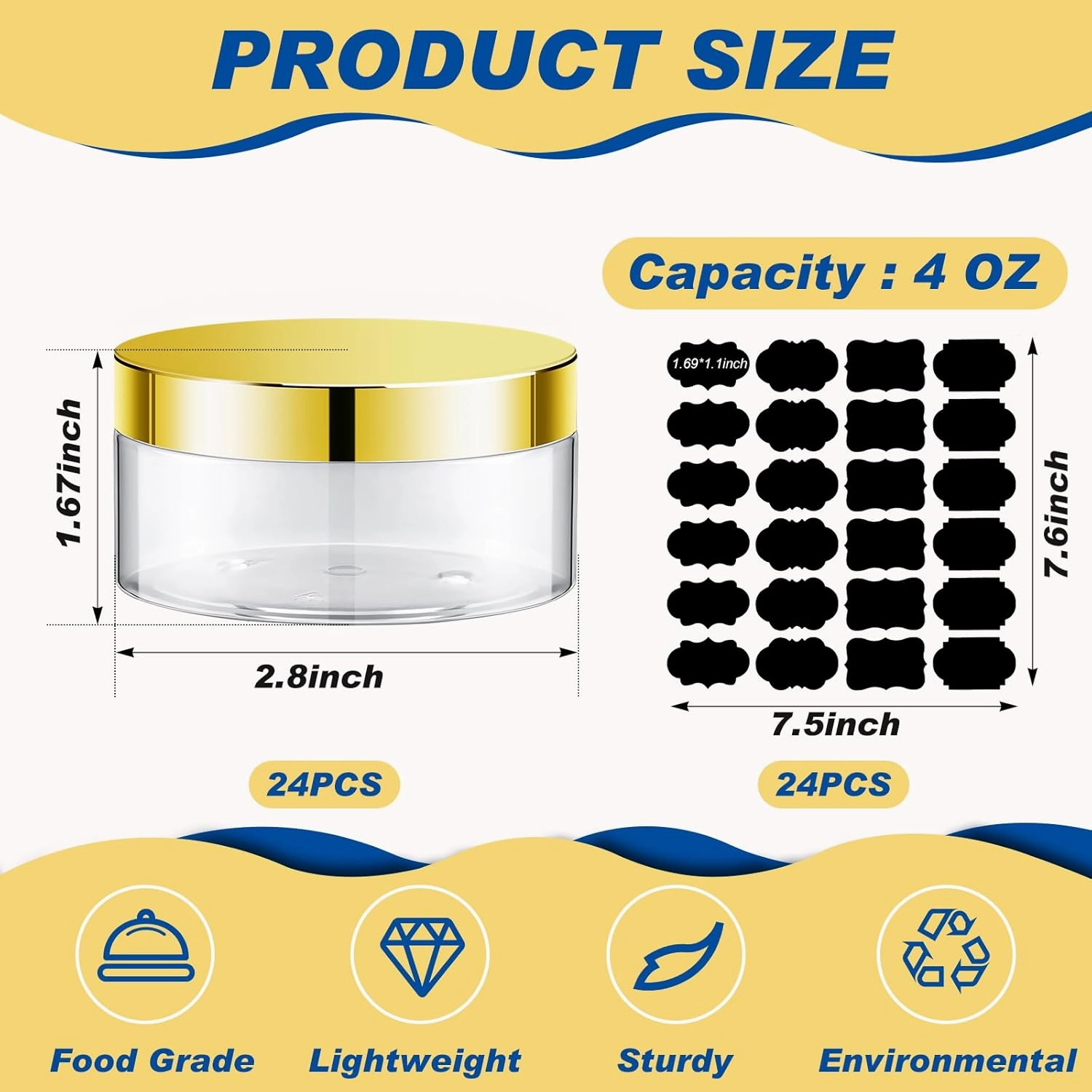 Dandat 24 Pcs 4 oz Plastic Jars with Lid and Label PET Cosmetic Containers Leak Proof Empty Cosmetic Jars Refillable Storage Travel Containers for Lotion Cream Gel Powder(Clear with Gold Lid)