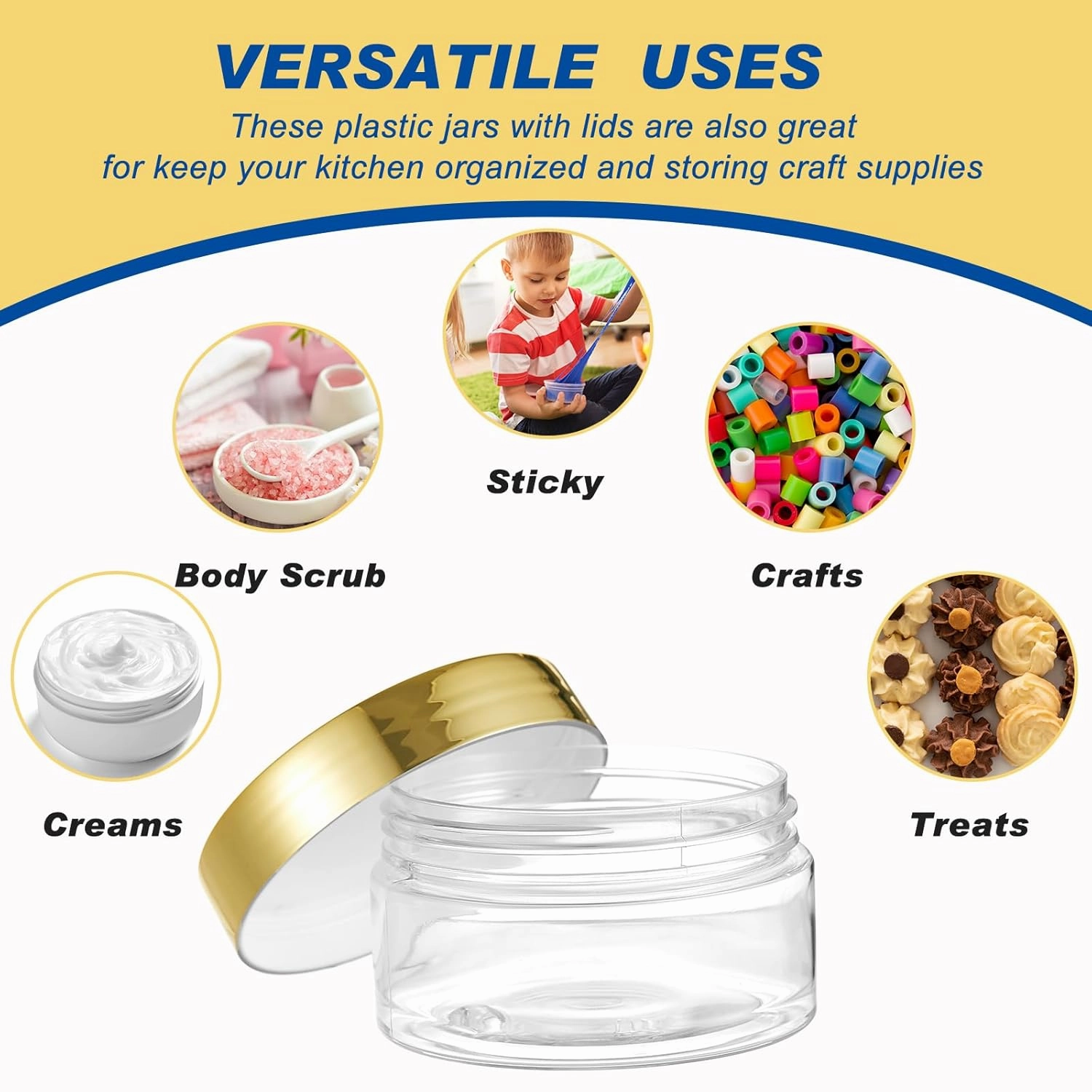 Dandat 24 Pcs 4 oz Plastic Jars with Lid and Label PET Cosmetic Containers Leak Proof Empty Cosmetic Jars Refillable Storage Travel Containers for Lotion Cream Gel Powder(Clear with Gold Lid)
