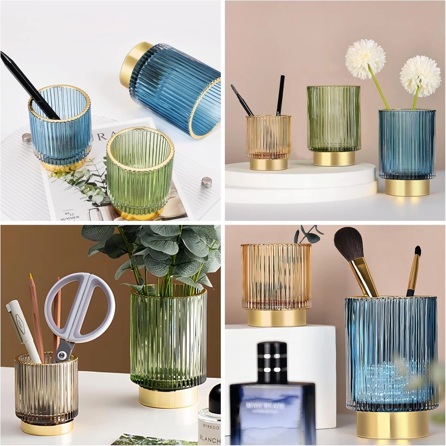 DASITON Makeup Brush holder Organizer,Crystal Cosmetic Makeup Brush Glass Brushes Storage Holder, Vintage Make Up Brush Cup Pen Pencil Holder striped vase(Blue S L)