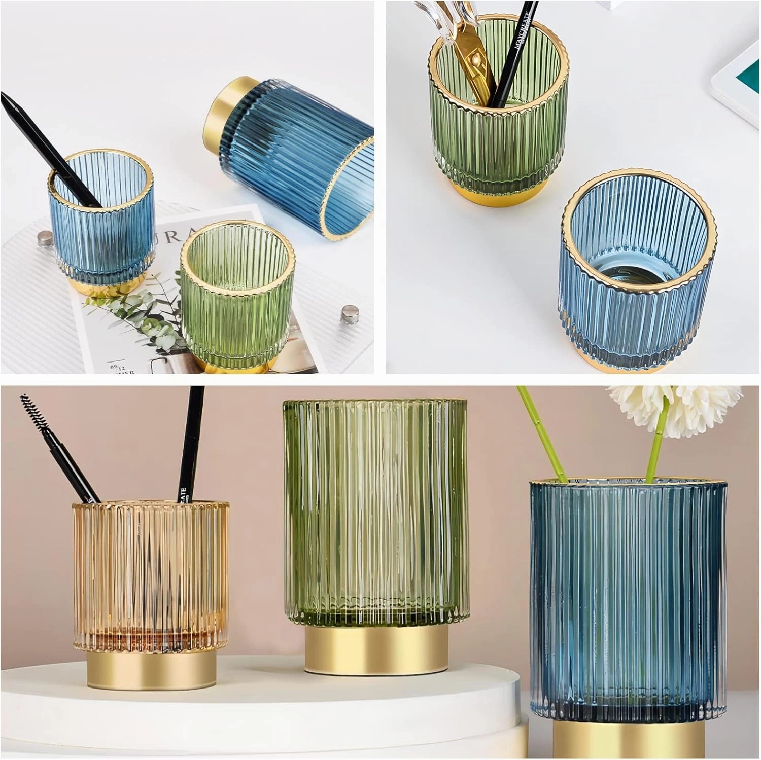 DASITON Makeup Brush holder Organizer,Crystal Cosmetic Makeup Brush Glass Brushes Storage Holder, Vintage Make Up Brush Cup Pen Pencil Holder striped vase(Blue S L)
