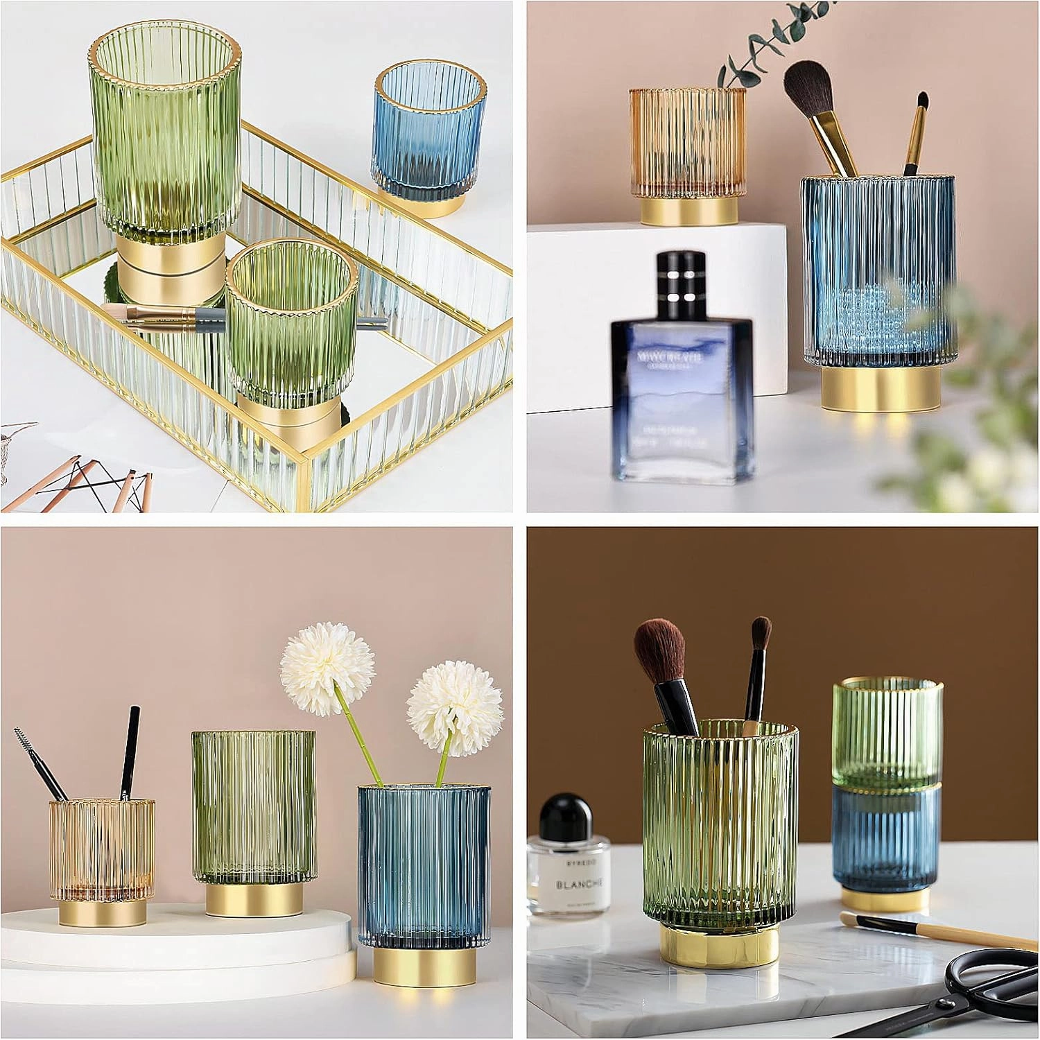 DASITON Makeup Brush holder Organizer,Crystal Cosmetic Makeup Brush Glass Brushes Storage Holder, Vintage Make Up Brush Cup Pen Pencil Holder striped vase(Blue S L)