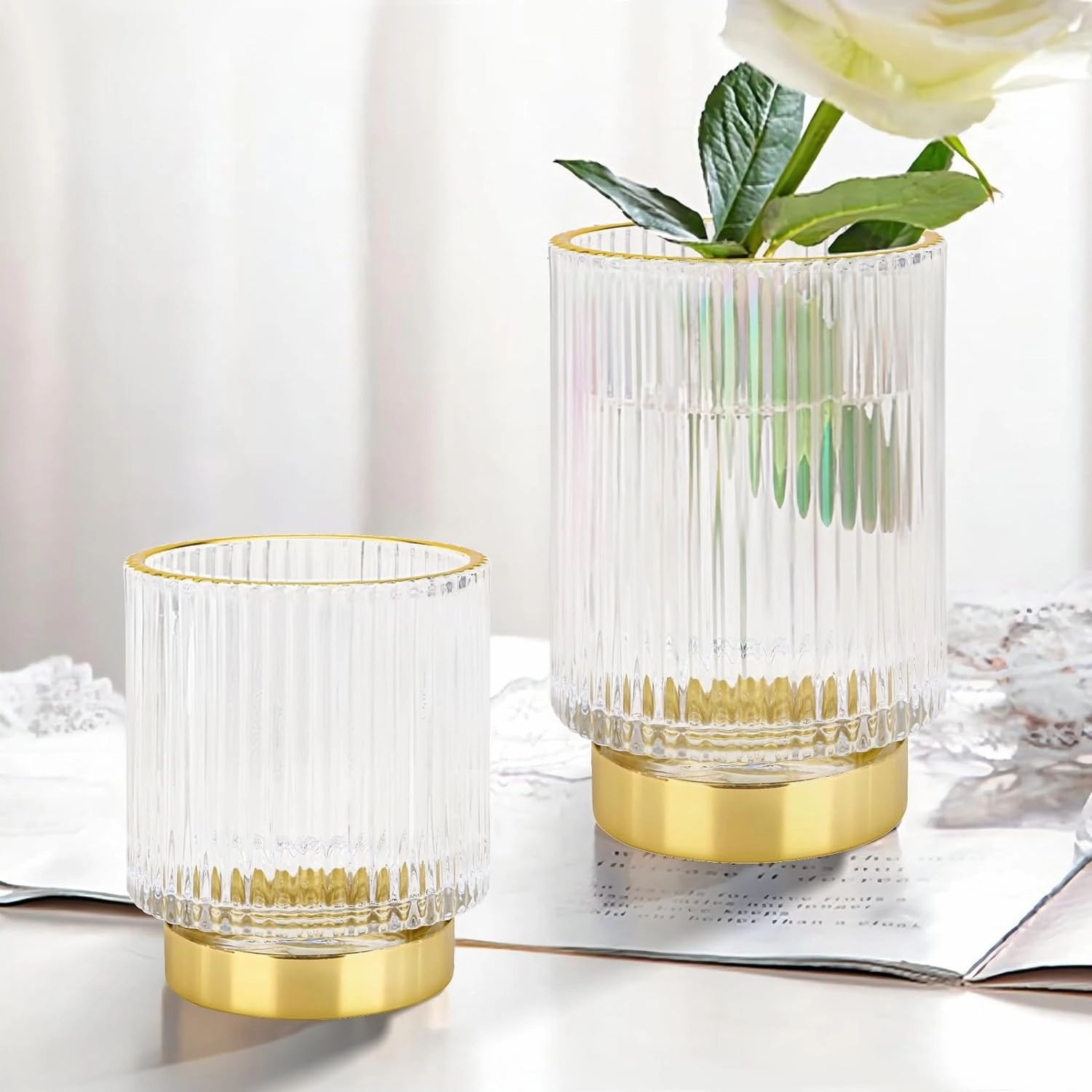 DASITON Makeup Brush holder Organizer,Crystal Cosmetic Makeup Brush Glass Brushes Storage Holder, Vintage Make Up Brush Cup Pen Pencil Holder striped vase(Clear S L)