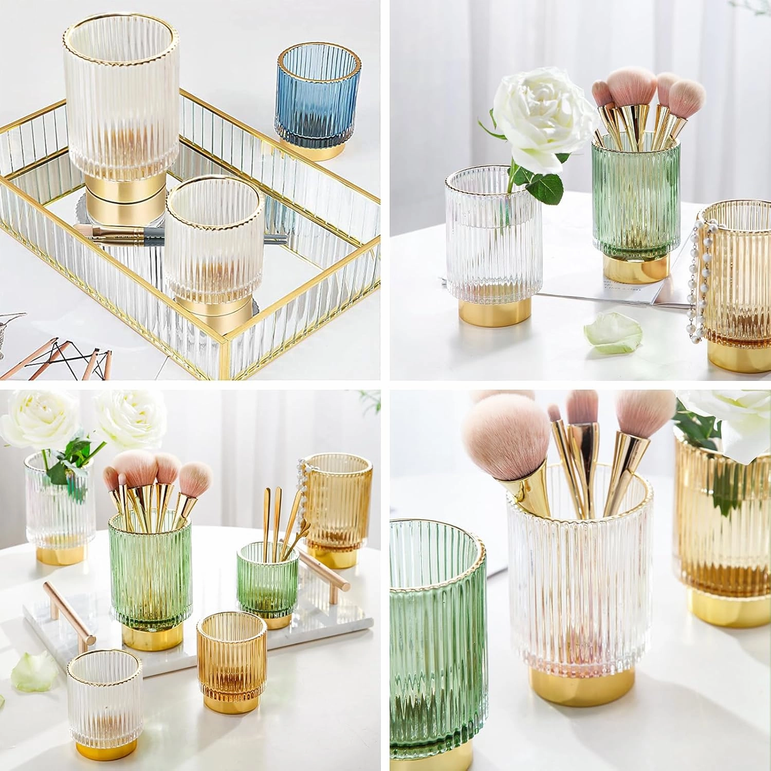 DASITON Makeup Brush holder Organizer,Crystal Cosmetic Makeup Brush Glass Brushes Storage Holder, Vintage Make Up Brush Cup Pen Pencil Holder striped vase(Clear S L)