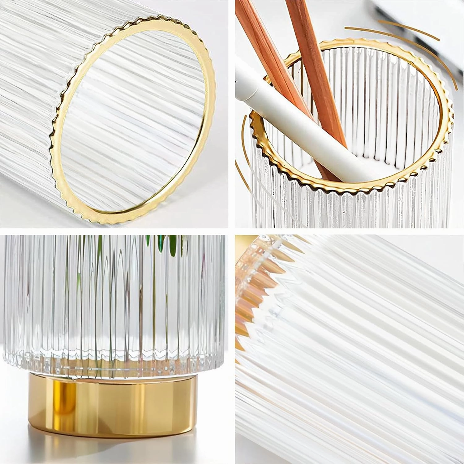 DASITON Makeup Brush holder Organizer,Crystal Cosmetic Makeup Brush Glass Brushes Storage Holder, Vintage Make Up Brush Cup Pen Pencil Holder striped vase(Clear S L)