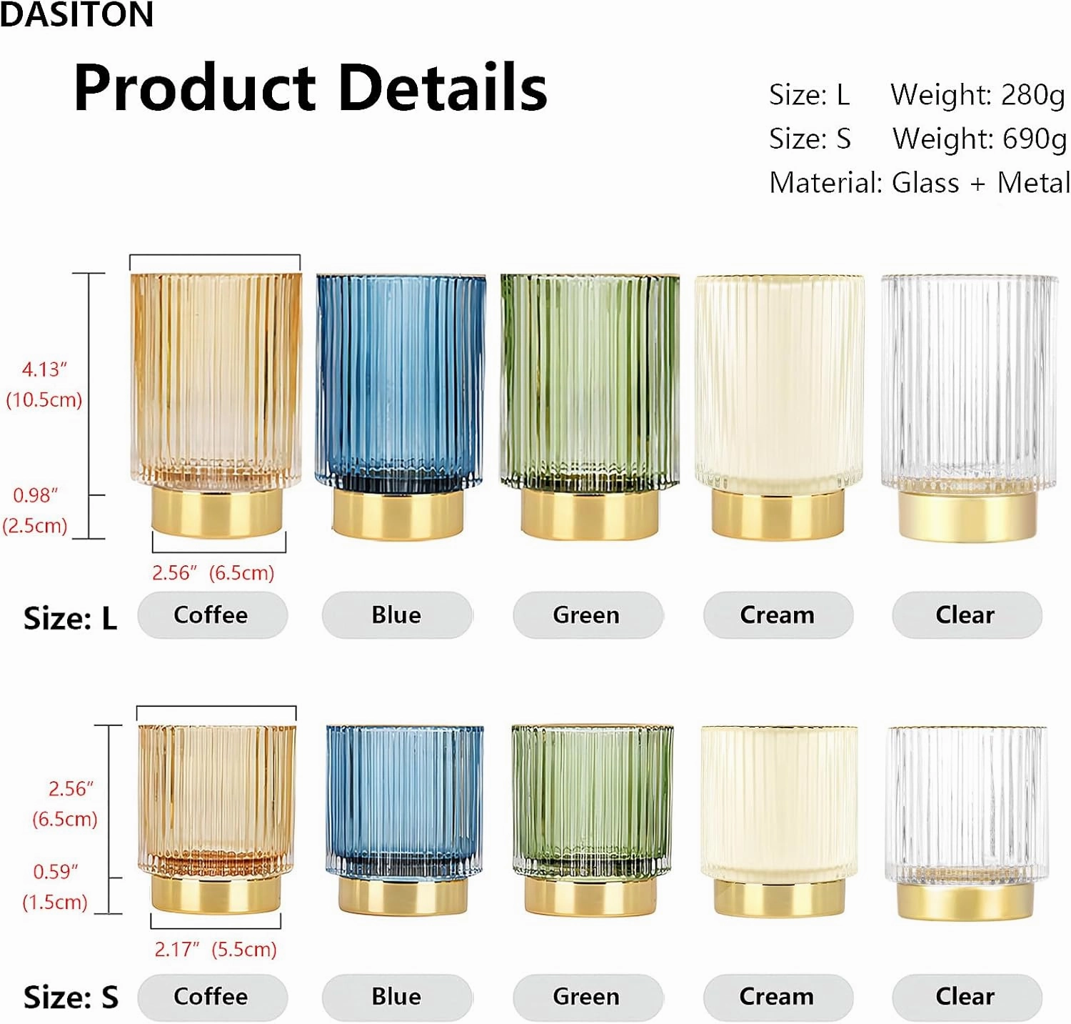 DASITON Makeup Brush holder Organizer,Crystal Cosmetic Makeup Brush Glass Brushes Storage Holder, Vintage Make Up Brush Cup Pen Pencil Holder striped vase(Clear S L)