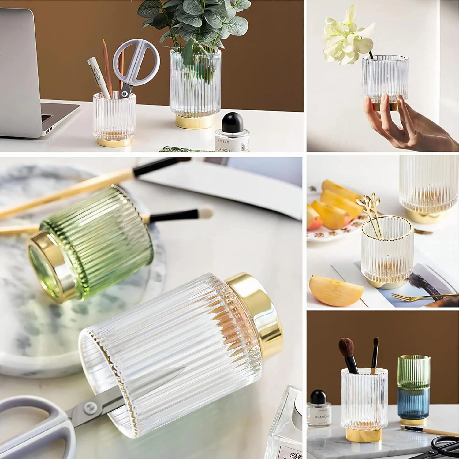 DASITON Makeup Brush holder Organizer,Crystal Cosmetic Makeup Brush Glass Brushes Storage Holder, Vintage Make Up Brush Cup Pen Pencil Holder striped vase(Clear S L)
