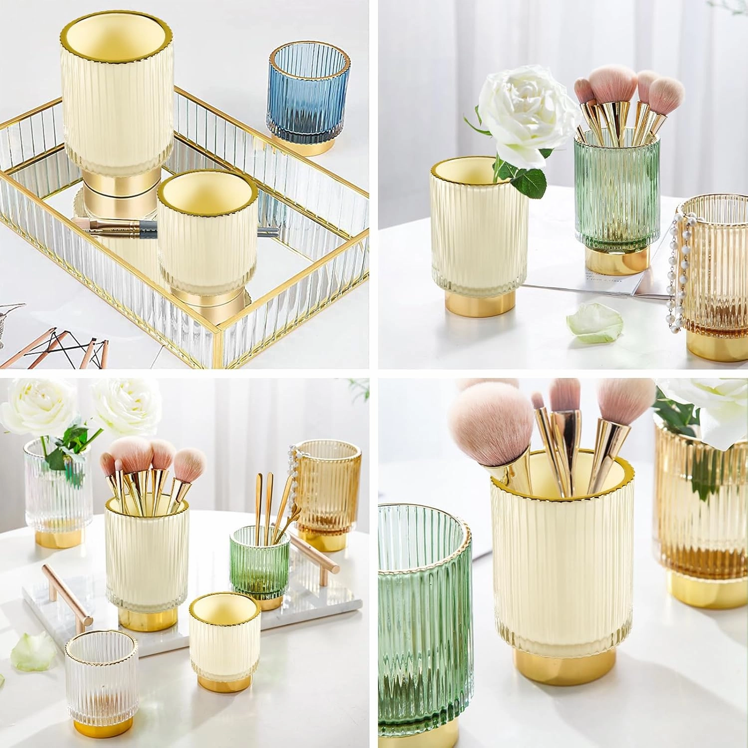 DASITON Makeup Brush holder Organizer,Crystal Cosmetic Makeup Brush Glass Brushes Storage Holder, Vintage Make Up Brush Cup Pen Pencil Holder striped vase(Cream S L)