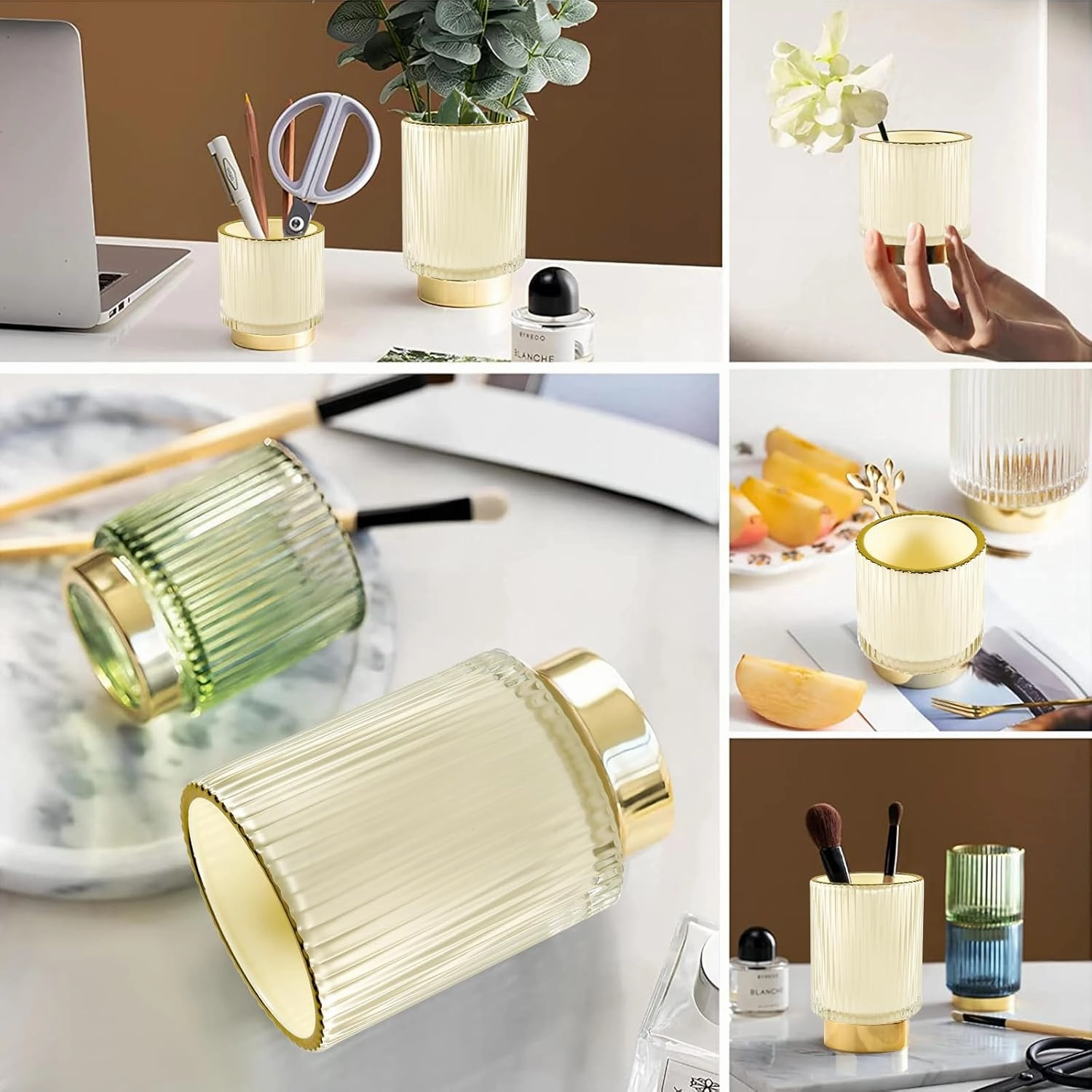 DASITON Makeup Brush holder Organizer,Crystal Cosmetic Makeup Brush Glass Brushes Storage Holder, Vintage Make Up Brush Cup Pen Pencil Holder striped vase(Cream S L)