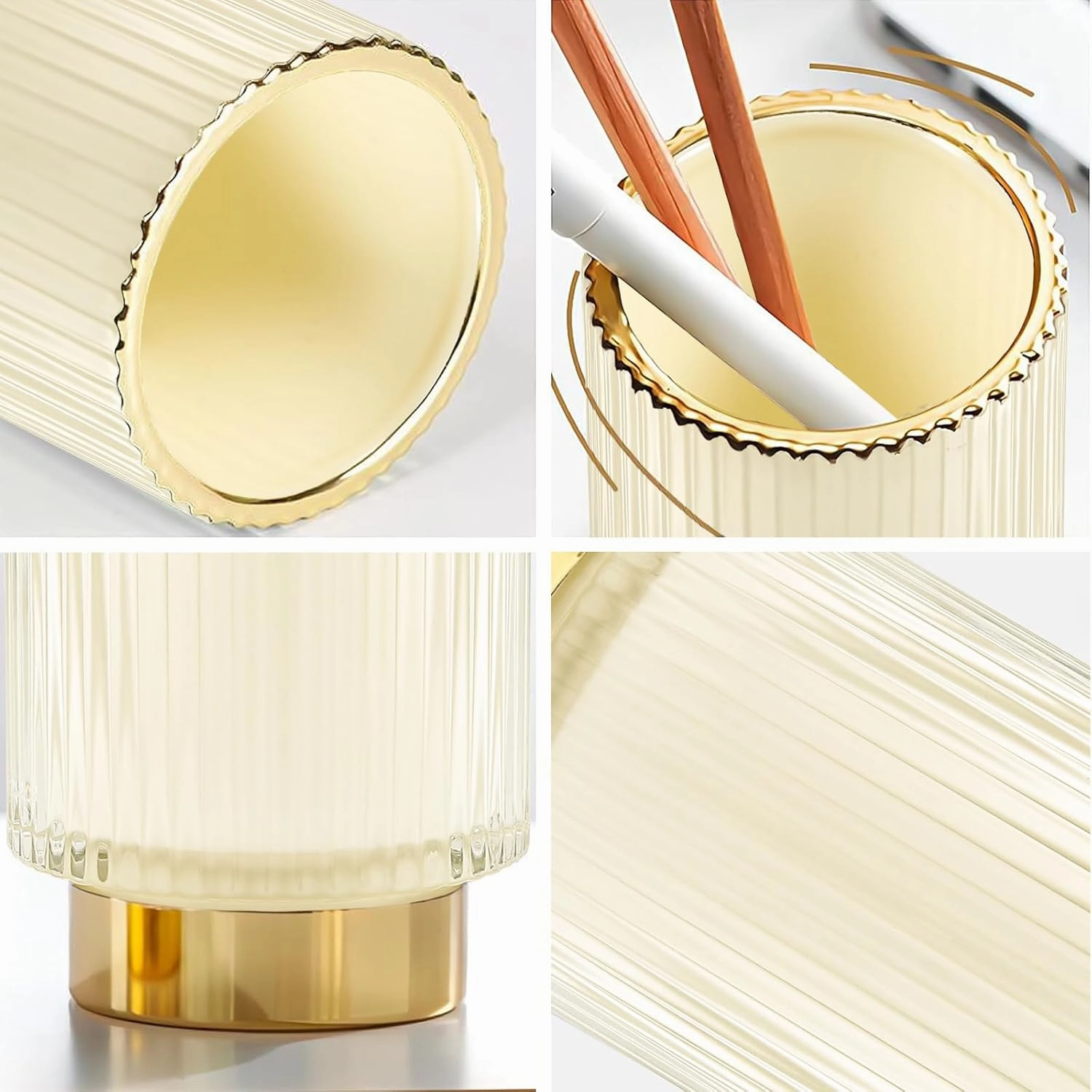 DASITON Makeup Brush holder Organizer,Crystal Cosmetic Makeup Brush Glass Brushes Storage Holder, Vintage Make Up Brush Cup Pen Pencil Holder striped vase(Cream S L)