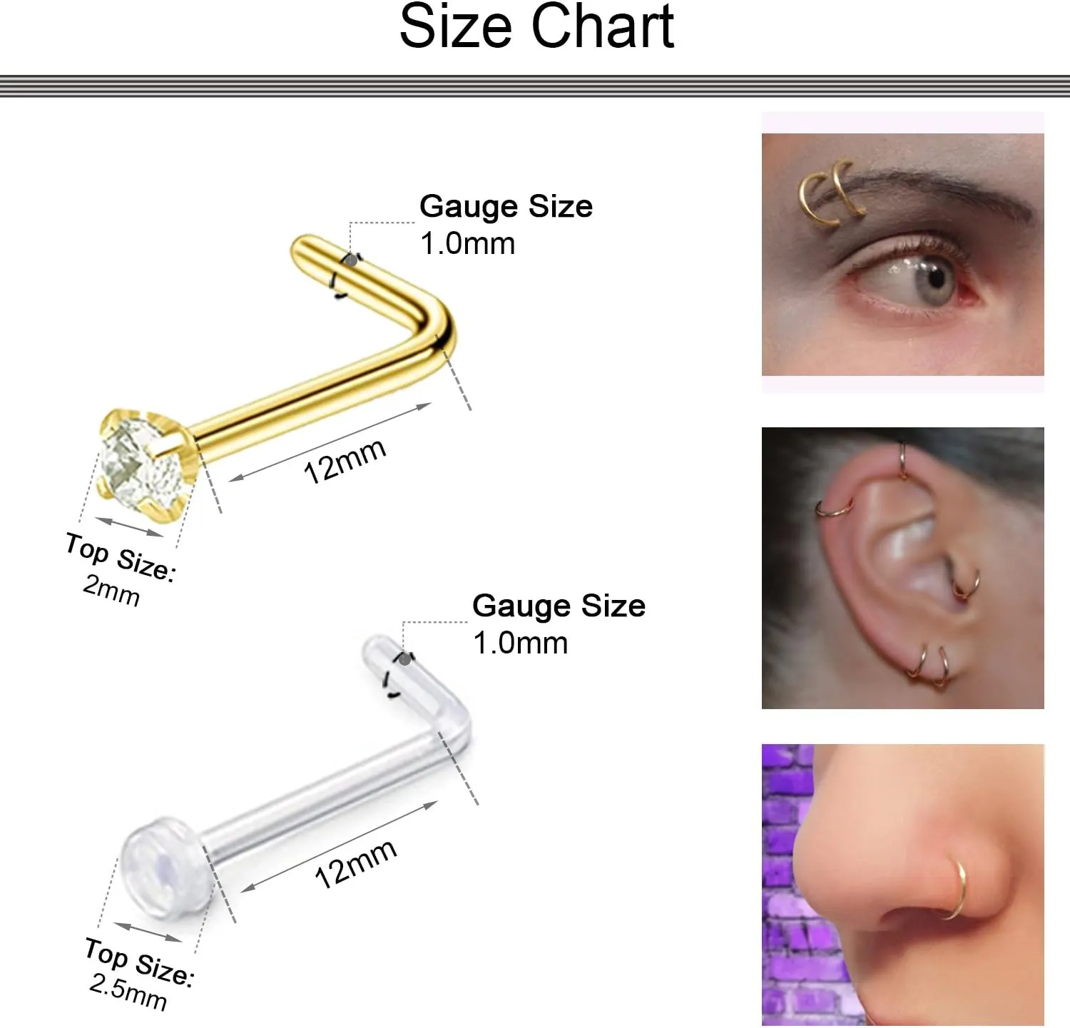 D.Bella Nose Rings 10Pcs 18G Nose Screw Rings Studs Surgical Steel Piercing Jewelry 2mm Clear CZ Silver