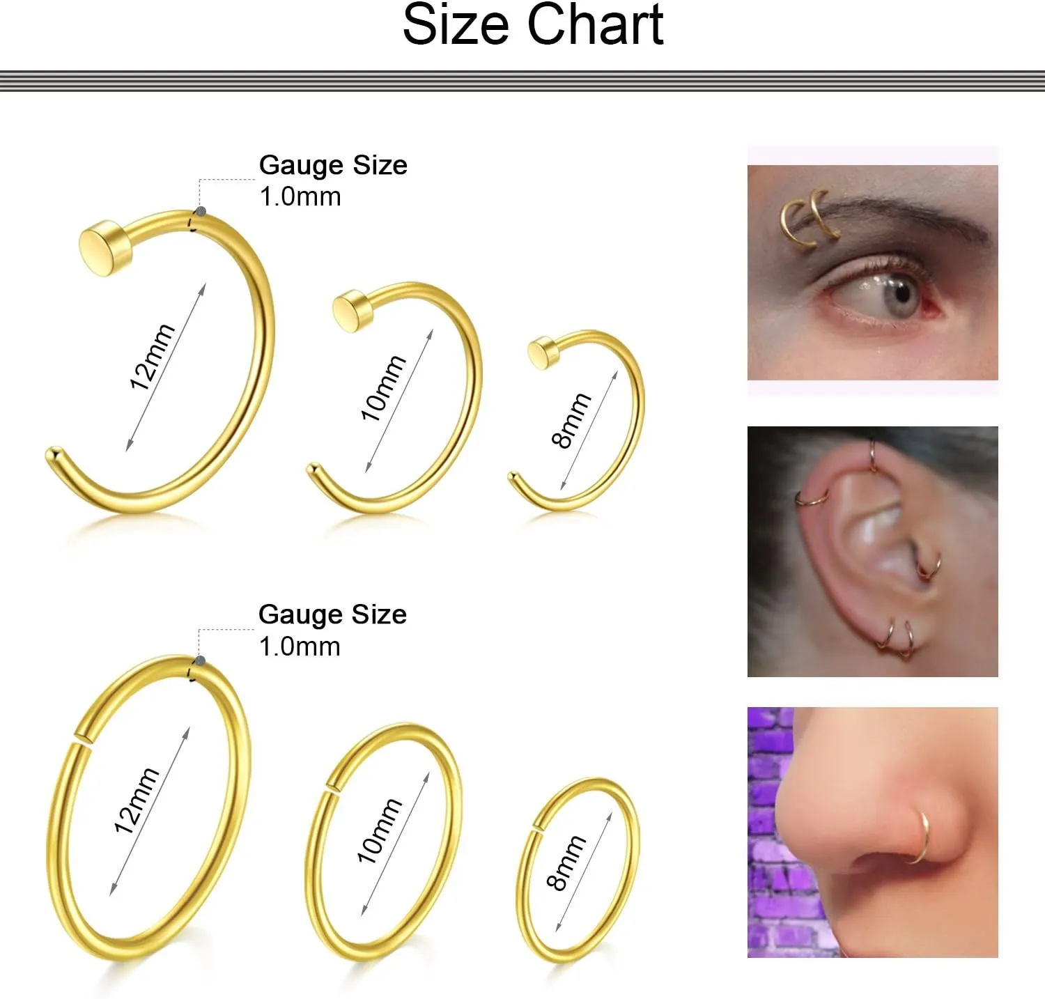 D.Bella Nose Rings 10Pcs 18G Nose Screw Rings Studs Surgical Steel Piercing Jewelry 2mm Clear CZ Silver