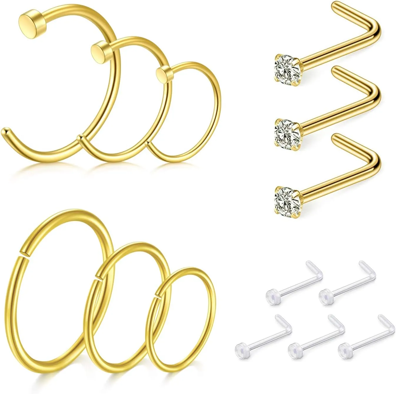 D.Bella Nose Rings 10Pcs 18G Nose Screw Rings Studs Surgical Steel Piercing Jewelry 2mm Clear CZ Silver
