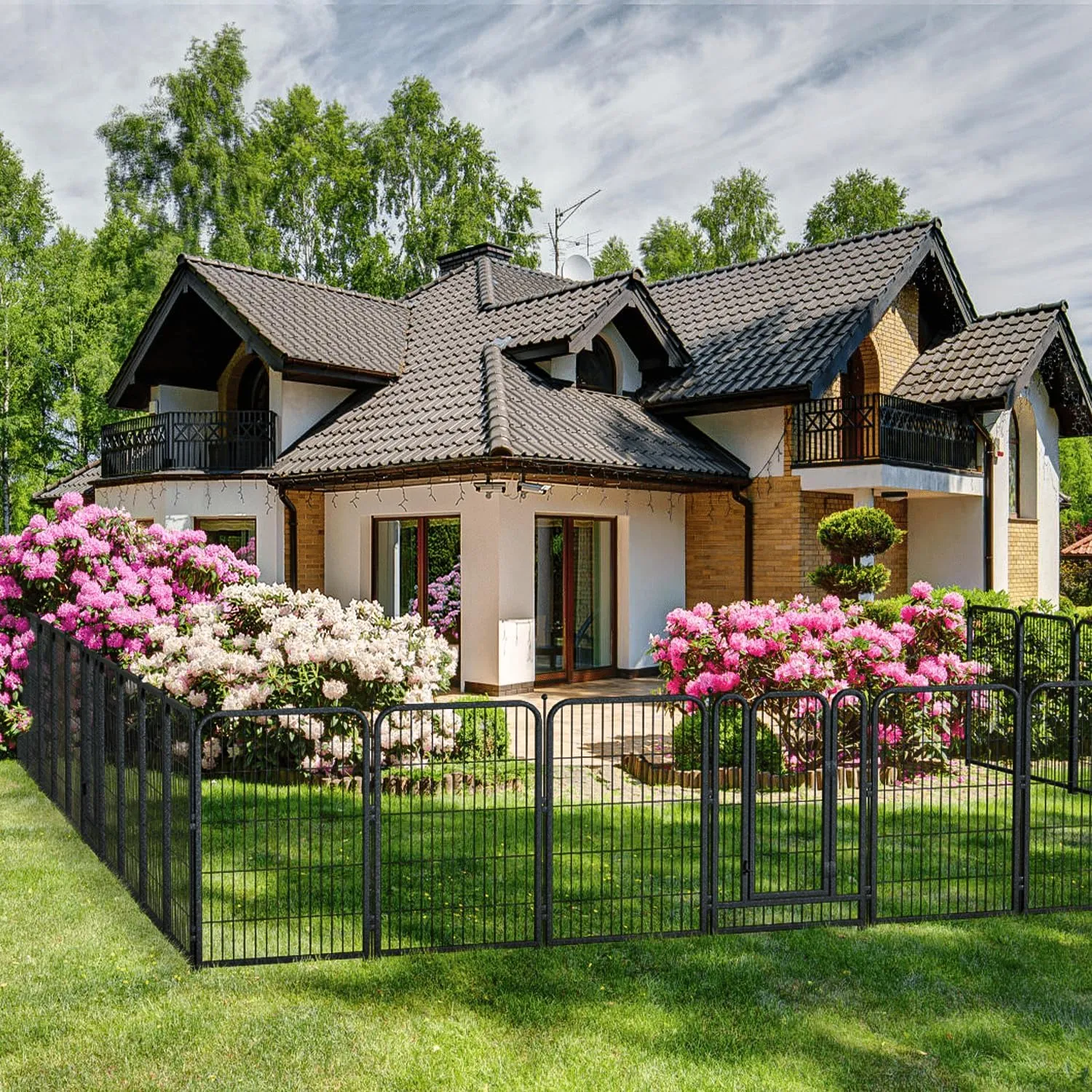 Decorative Garden Metal Fence 72ft (L)×40in (H) with 28 Panels 4 Gate Outdoor, No Dig Rustproof Wire, Animal Barrier Fencing for Outdoor Yard Patio Flower Bed,（Black-Silver）