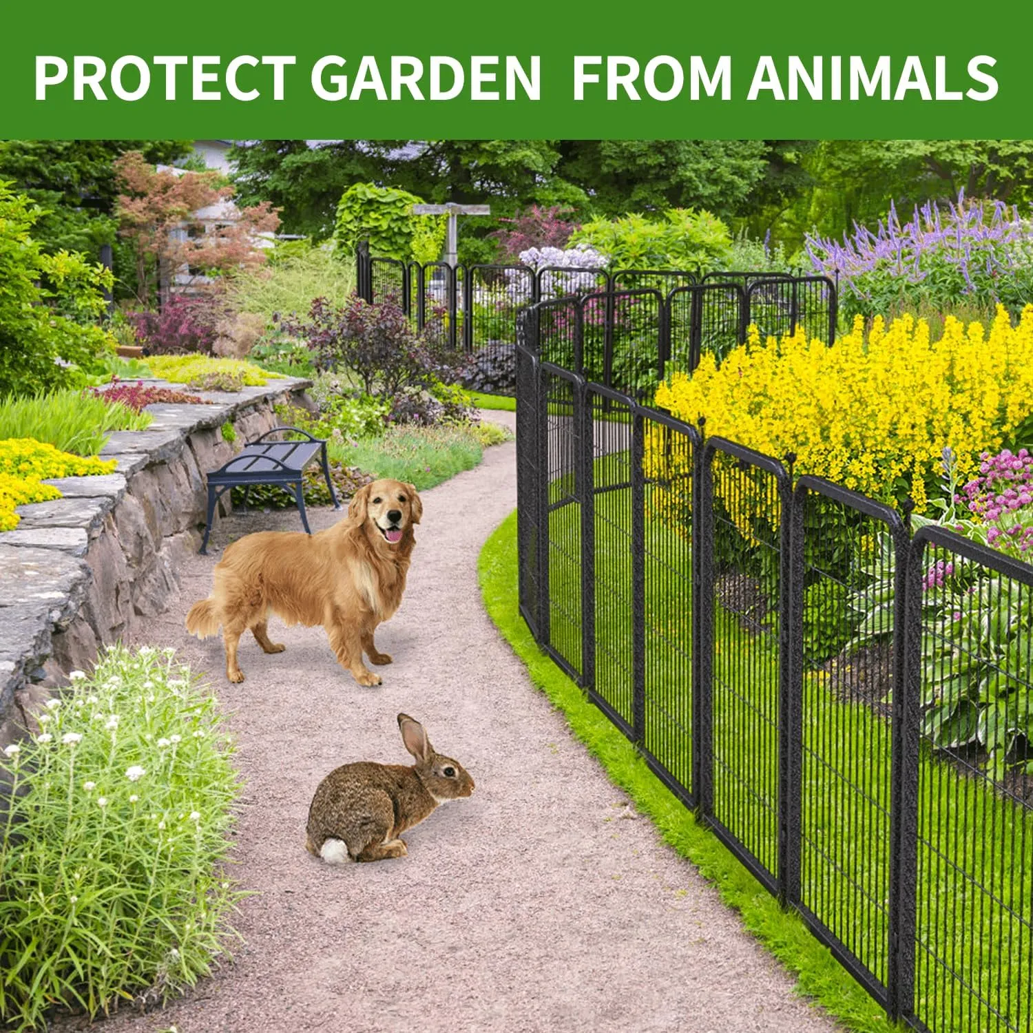 Decorative Garden Metal Fence 72ft (L)×40in (H) with 28 Panels 4 Gate Outdoor, No Dig Rustproof Wire, Animal Barrier Fencing for Outdoor Yard Patio Flower Bed,（Black-Silver）