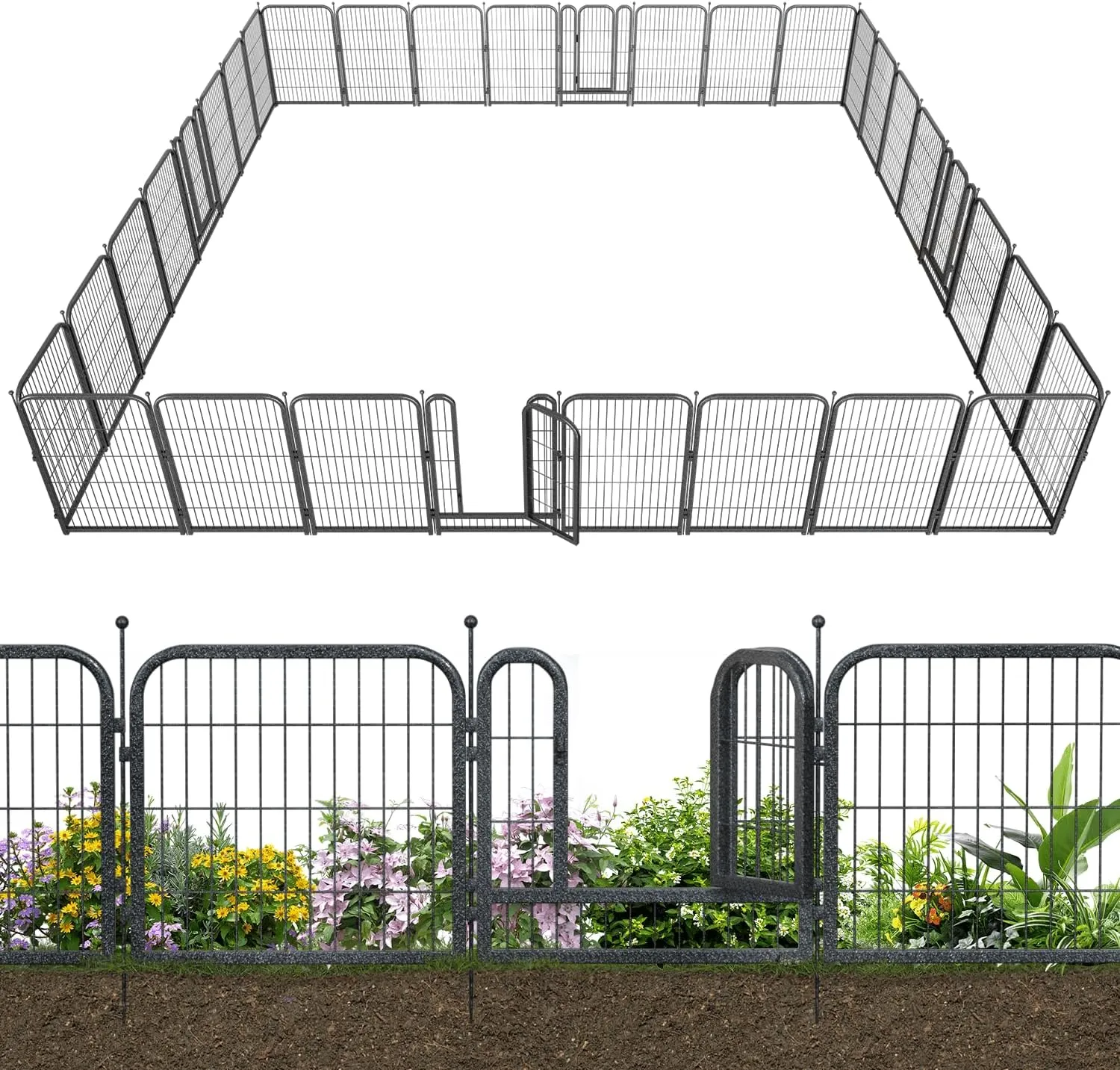 Decorative Garden Metal Fence 72ft (L)×40in (H) with 28 Panels 4 Gate Outdoor, No Dig Rustproof Wire, Animal Barrier Fencing for Outdoor Yard Patio Flower Bed,（Black-Silver）