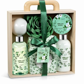 Deluxe White Rose Jasmine Spa Basket - 7pc Home Spa Set with Shower Gel, Body Lotion, Bath Salts, Body Scrub, Bath Bomb and Bath Puff in Wooden Curio