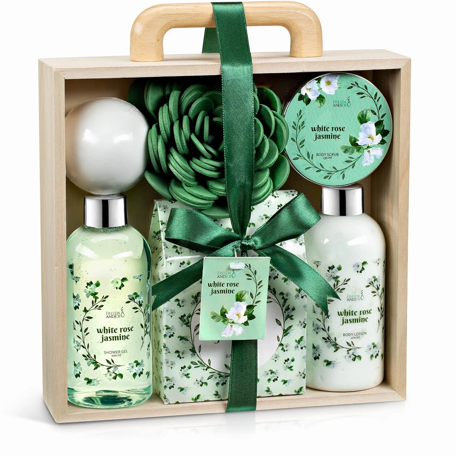 Deluxe White Rose Jasmine Spa Basket - 7pc Home Spa Set with Shower Gel, Body Lotion, Bath Salts, Body Scrub, Bath Bomb and Bath Puff in Wooden Curio