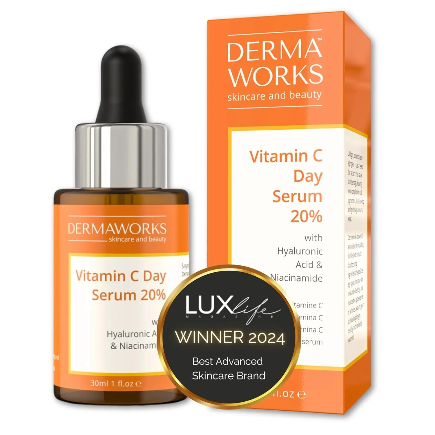 DERMAWORKS Vitamin C Serum for Face – Brightening & Dark Spot Corrector with Hyaluronic Acid & Niacinamide – Hydrating Anti-Aging Formula for Radiant Skin – 30ml