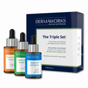 DERMAWORKS Facial Serum Set – Brightening Vitamin C, Hydrating Hyaluronic Acid & Resurfacing Retinol – Anti-Aging, Dark Spot Corrector & Wrinkle Repair Skincare Gift for Men & Women