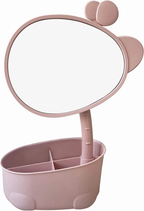 Desktop Makeup Mirror with Storage Box, 360° Rotatable Mirror, Non-Rotating Neck Support, Free Standing Vanity Mirror.(Pink)