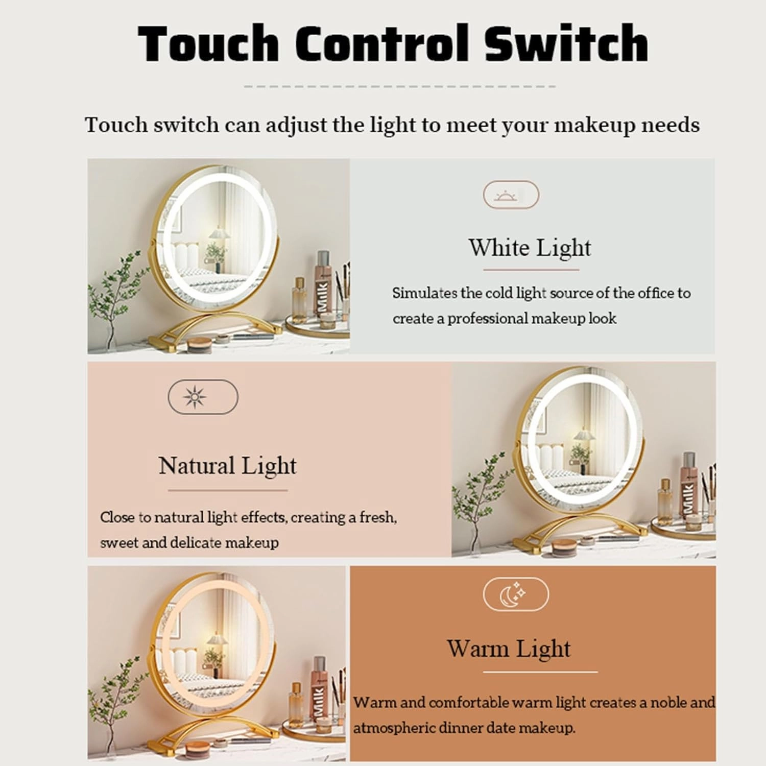 Desktop Vanity Makeup Mirror with LED Lights, Lighted Dressing Table Mirror Revolve Make Up Mirror, Dimmable 3 Modes LED Light Strips, Smart Touch Screen(Black,30cm/11.8in)