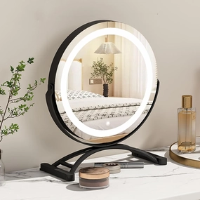 Desktop Vanity Makeup Mirror with LED Lights, Lighted Dressing Table Mirror Revolve Make Up Mirror, Dimmable 3 Modes LED Light Strips, Smart Touch Screen(Black,30cm/11.8in)