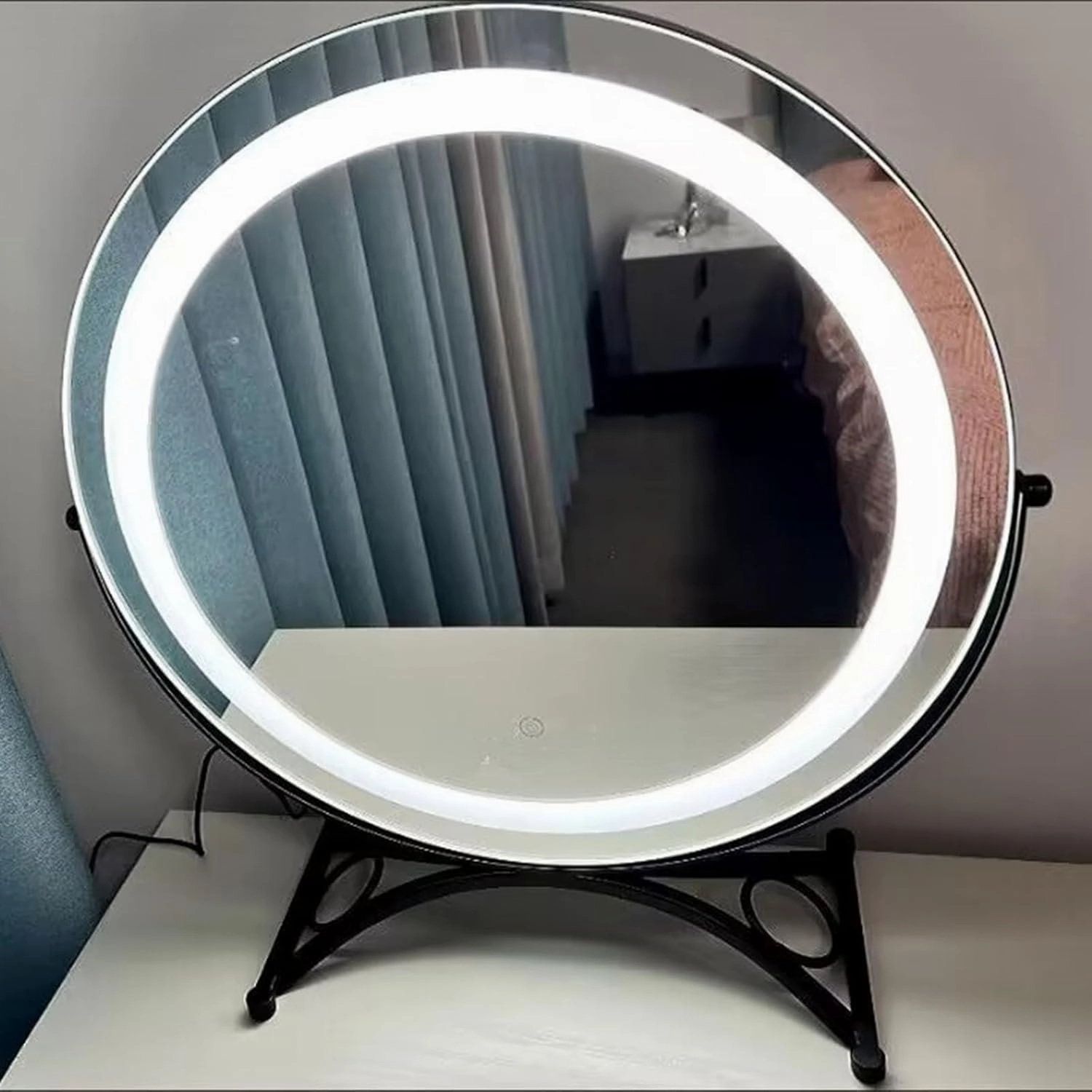 Desktop Vanity Makeup Mirror with LED Lights, Lighted Dressing Table Mirror Revolve Make Up Mirror, Dimmable 3 Modes LED Light Strips, Smart Touch Screen(Black,30cm/11.8in)